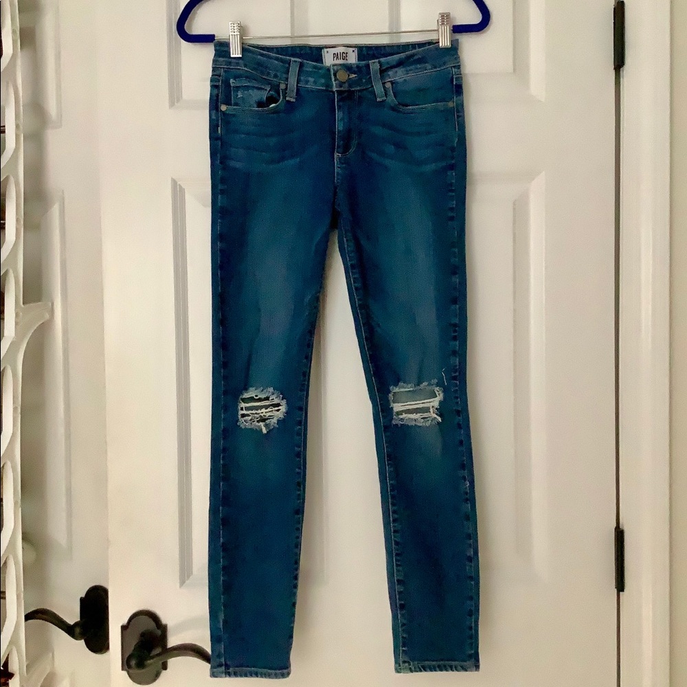 PAIGE ripped knee mid-rise jeans